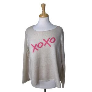 WOODEN SHIPS XOXO Valentines Lightweight Knit Sweater Tan Pink Size S/M